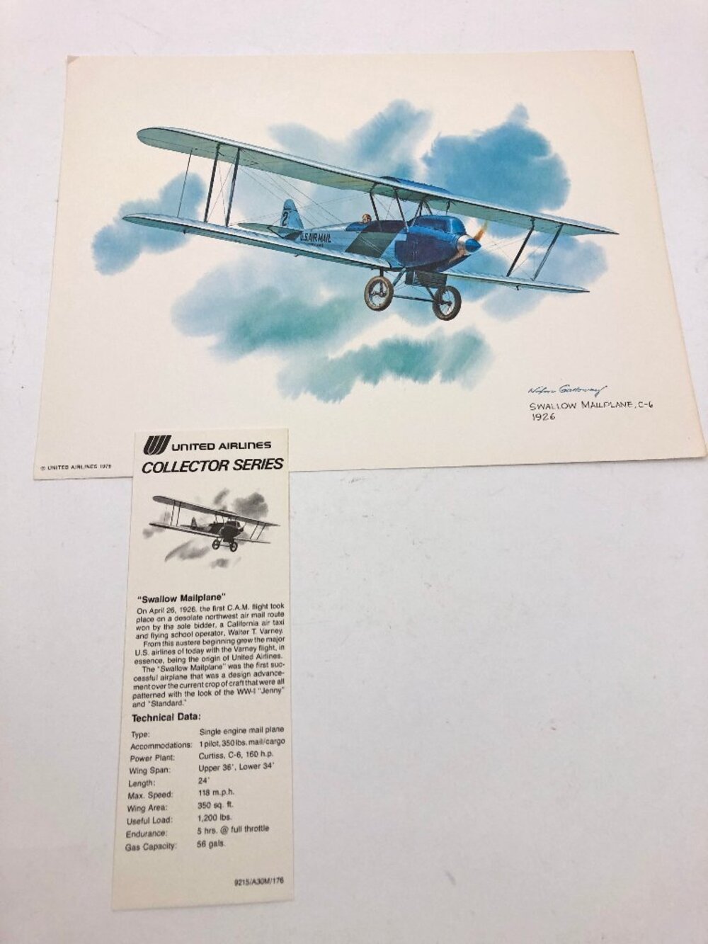 Nixon Galloway United Airlines Airplane Art Print Swallow C-6 Mailplane 8.5x11"